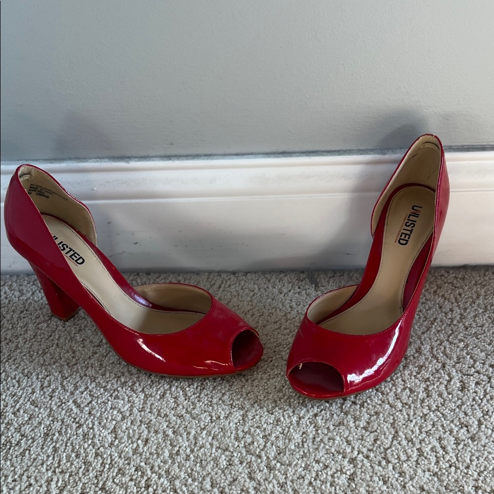 Unlisted Glossy Red Peep Toe Heels